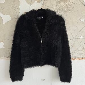 Y2K Fuzzy Cropped Cardigan Jacket Soft Black Eyelish Knit Cozy Womens Going Out